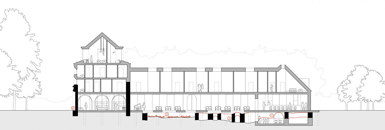 projekt adaptacji palacu na hotel spa muzeum Biezun przekroj rozbudowy z zachowaniem fundamentow i reliktow
