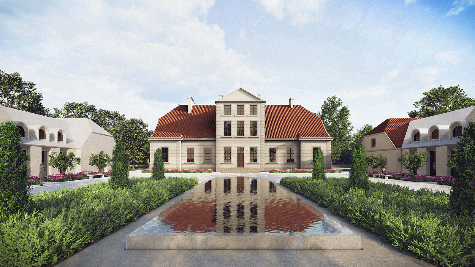 projekt adaptacji palacu na hotel spa muzeum Biezun wizualizacja barokowy palac z wodnym zwierciadlem