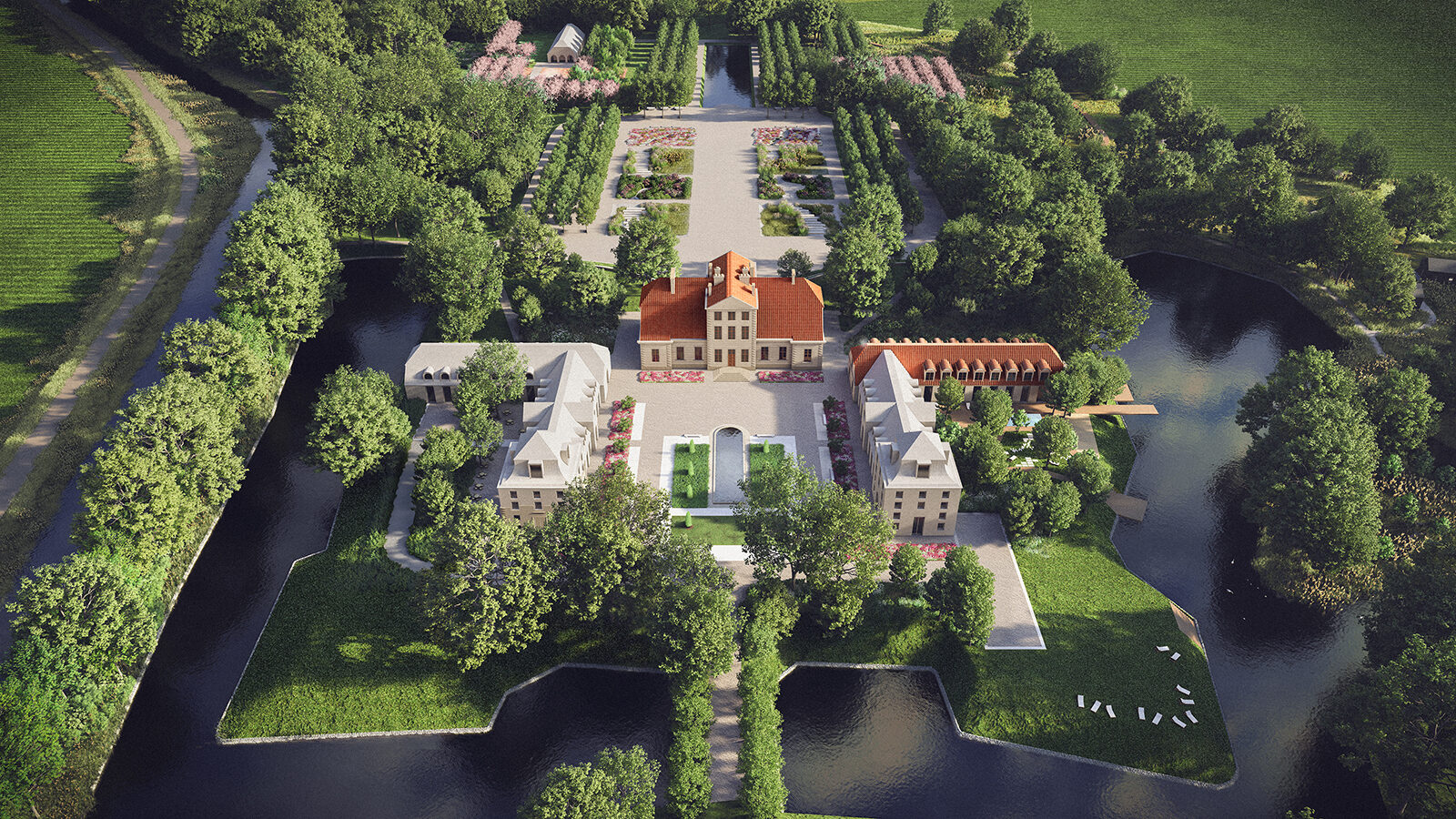 projekt adaptacji palacu na hotel spa muzeum Biezun wizualizacja kompleks palacowo parkowy z lotu ptaka