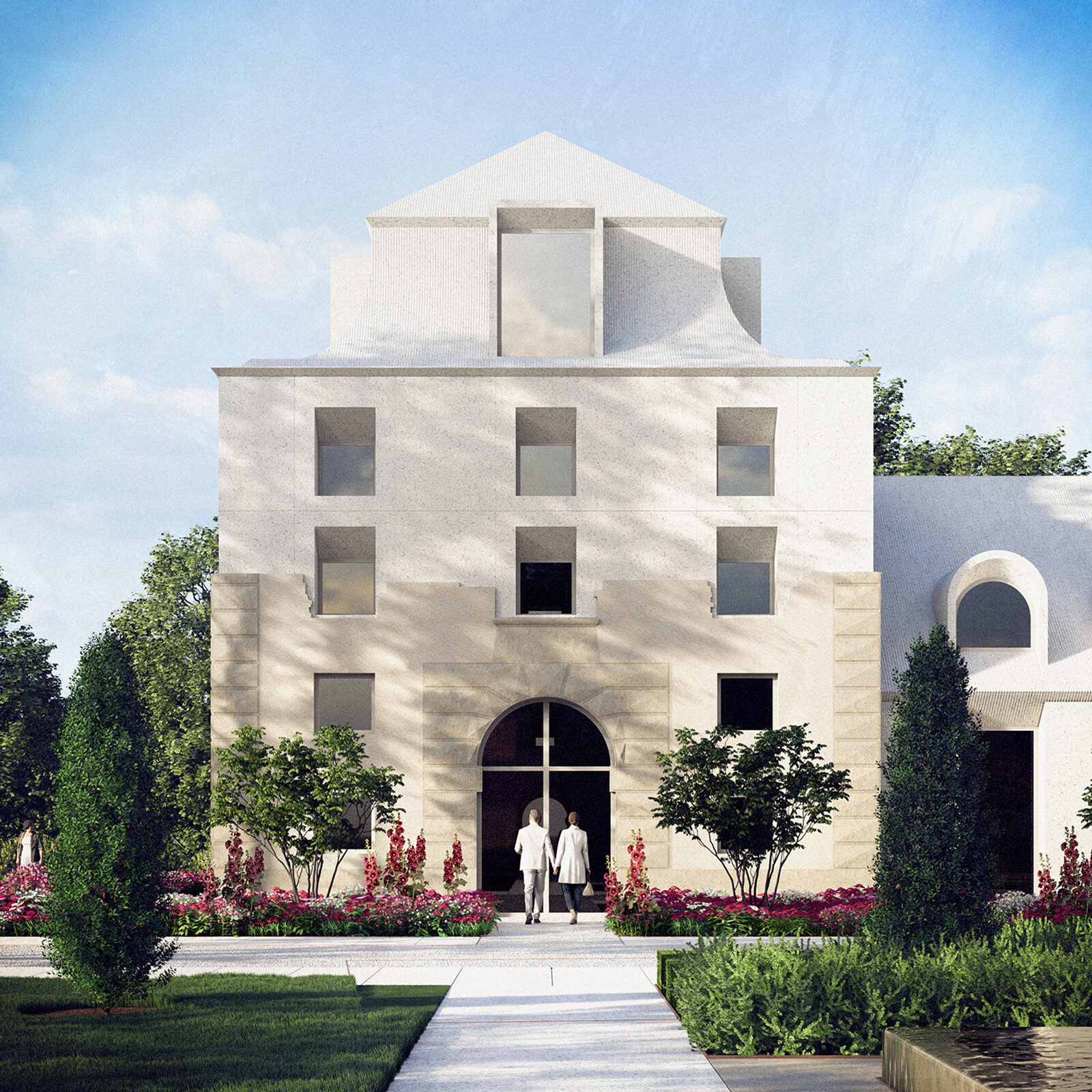 projekt adaptacji palacu na hotel spa muzeum Biezun wizualizacja odtworzona arianka z barokowym wejsciem