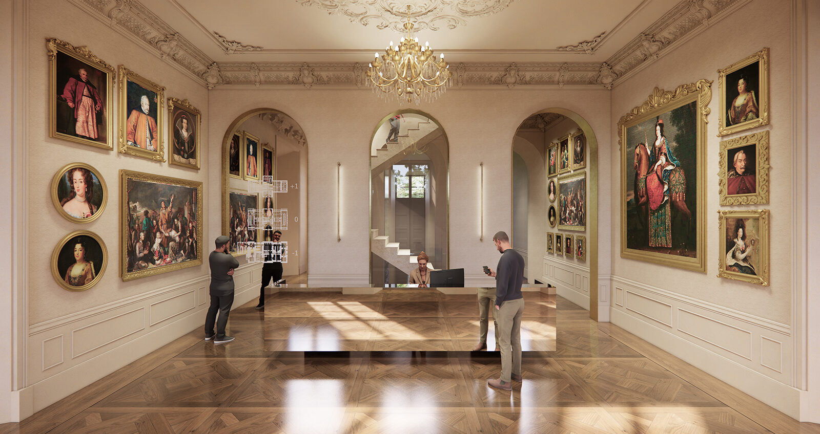 projekt adaptacji palacu na hotel spa muzeum Biezun wizualizacja recepcja muzeum z barokowa sztukateria