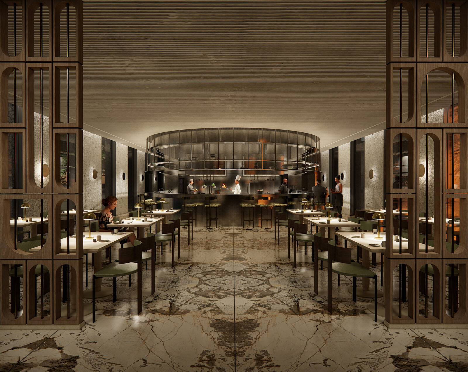 projekt adaptacji palacu na hotel spa muzeum Biezun wizualizacja restauracja z otwarta kuchnia w czesci hotelowej