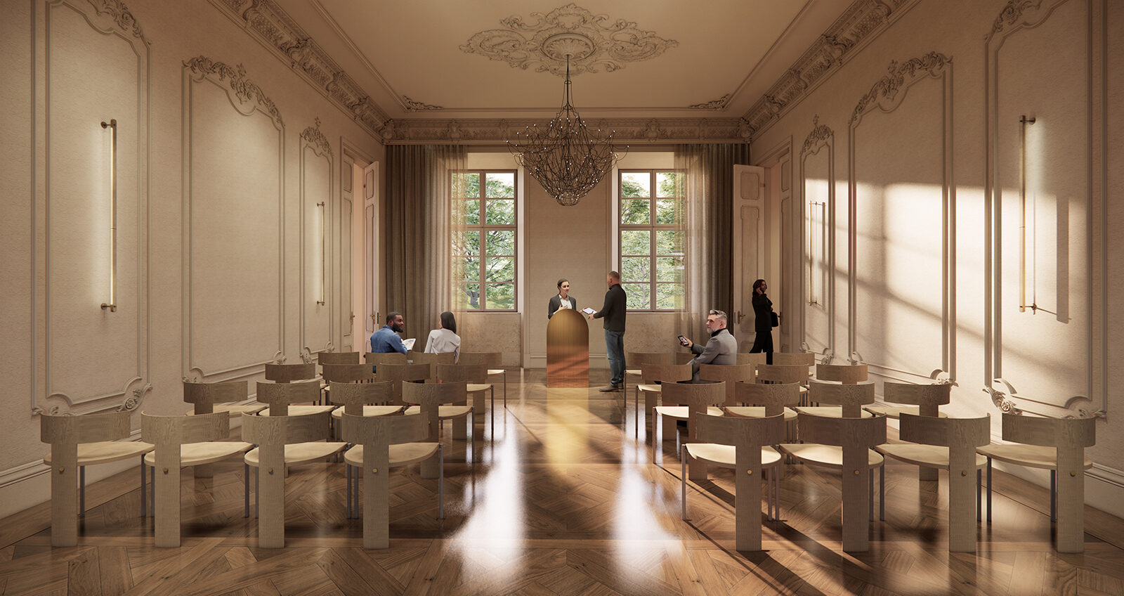 projekt adaptacji palacu na hotel spa muzeum Biezun wizualizacja sala konferencyjna w barokowym wnetrzu