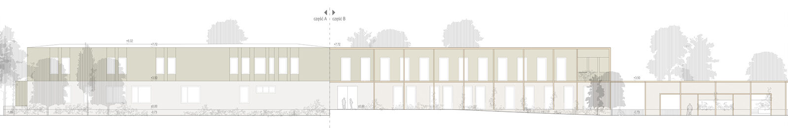 projekt centrum opiekuńczo mieszkalnego Wrocław elewacja ogrodowa z pergolami
