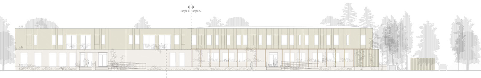 projekt centrum opiekuńczo mieszkalnego Wrocław elewacja zielona z rytmem okien