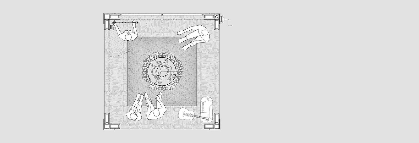 projekt kabin turystycznych Łotwa rzut palenisko jako centrum spotkania na szlaku