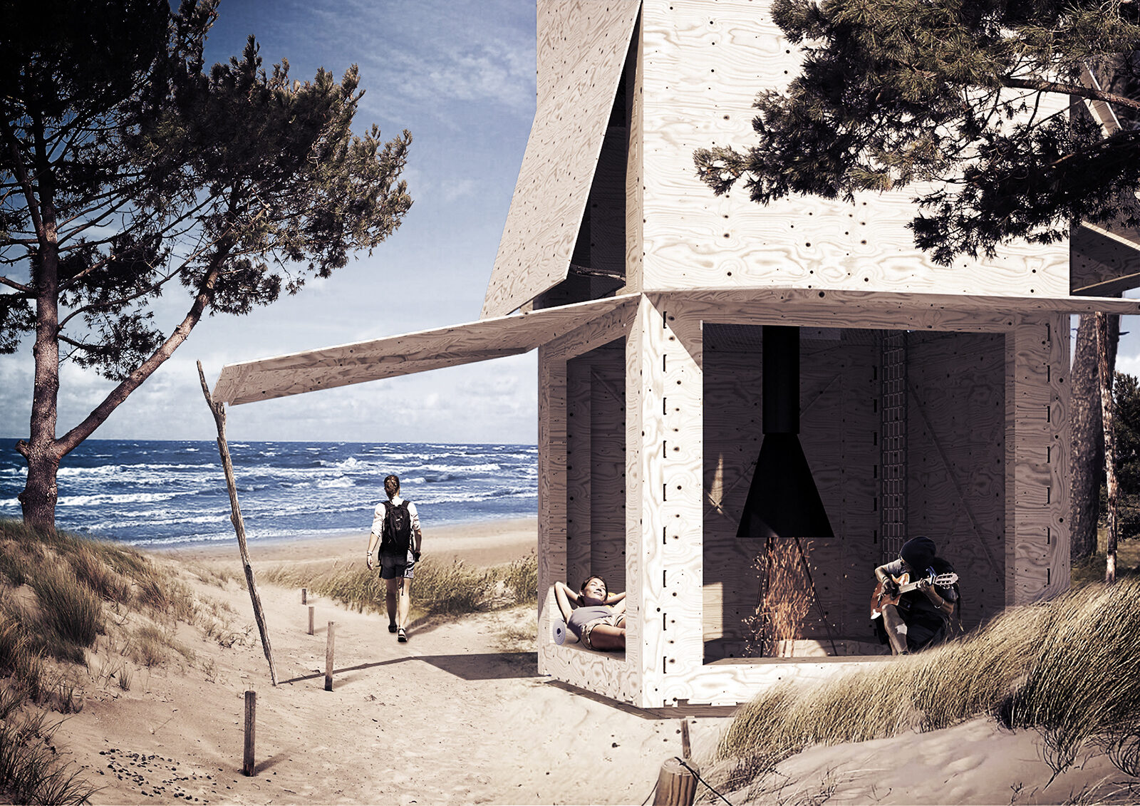 projekt kabin turystycznych Łotwa wizualizacja lekka architektura w naturalnym krajobrazie