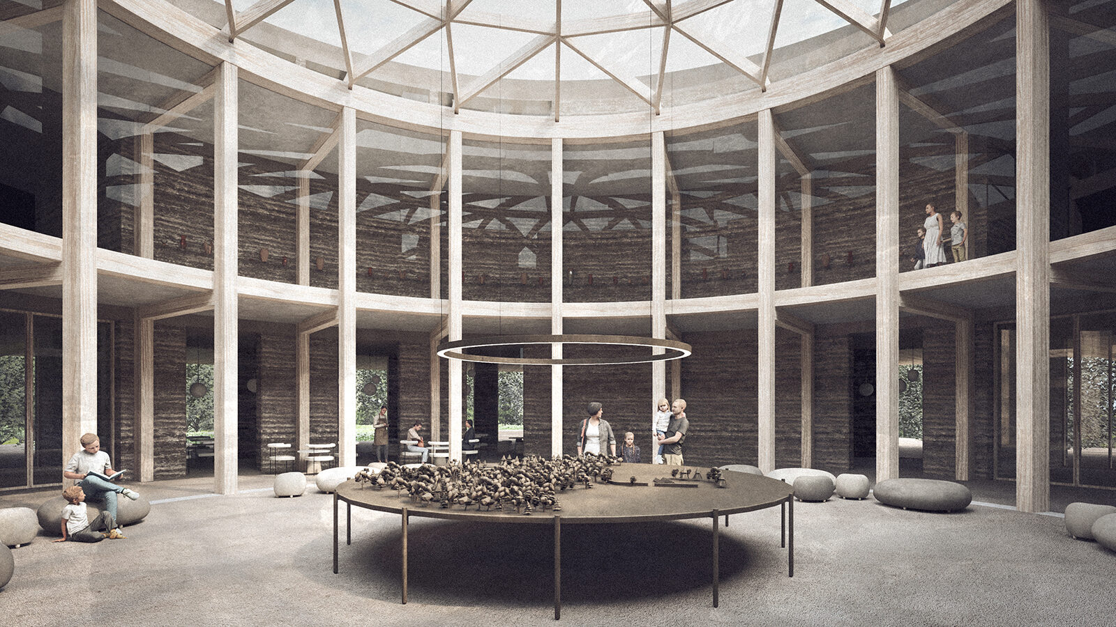 projekt pawilonu ekspozycyjnego Biskupin wizualizacja przeszklona kopula nad ekspozycja