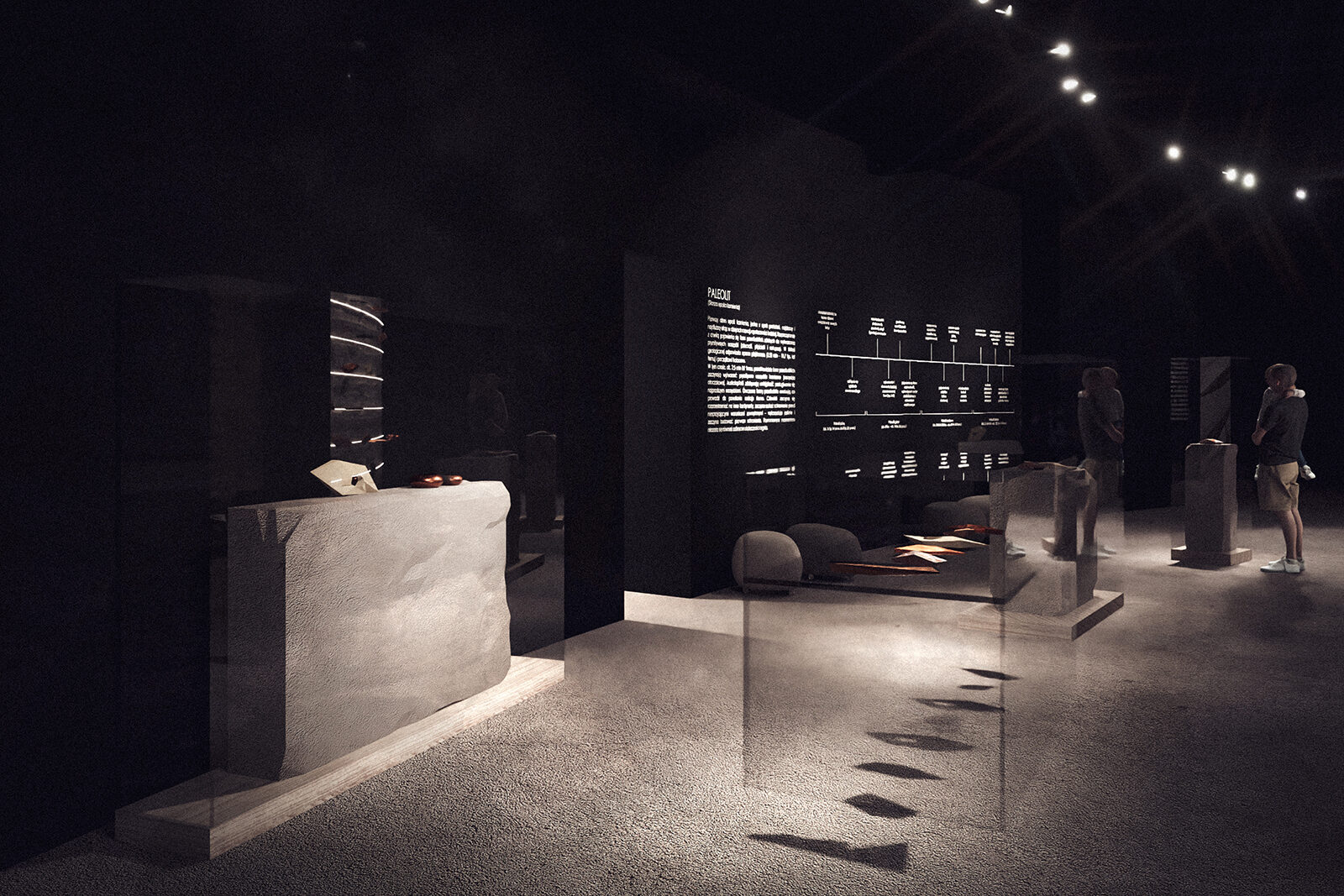 projekt pawilonu ekspozycyjnego Biskupin wizualizacja rozswietlone korytarze i nisze