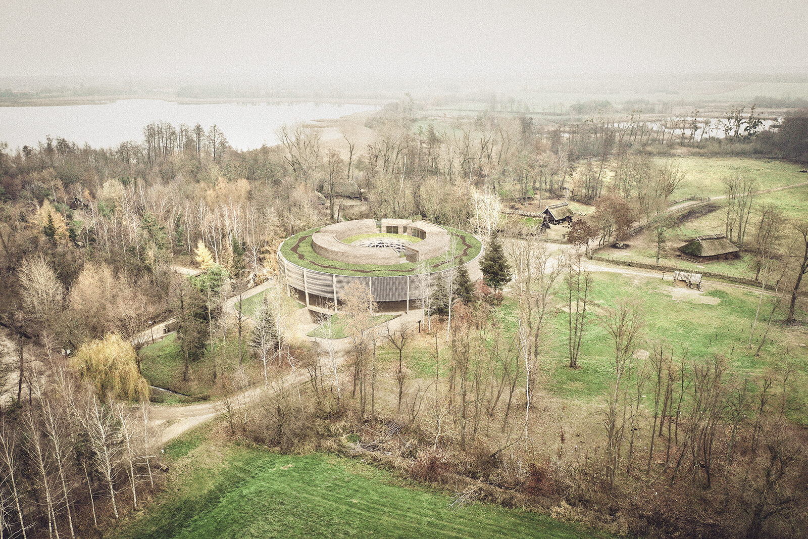 projekt pawilonu ekspozycyjnego Biskupin wizualizacja gruba sciana z ubijanej ziemi