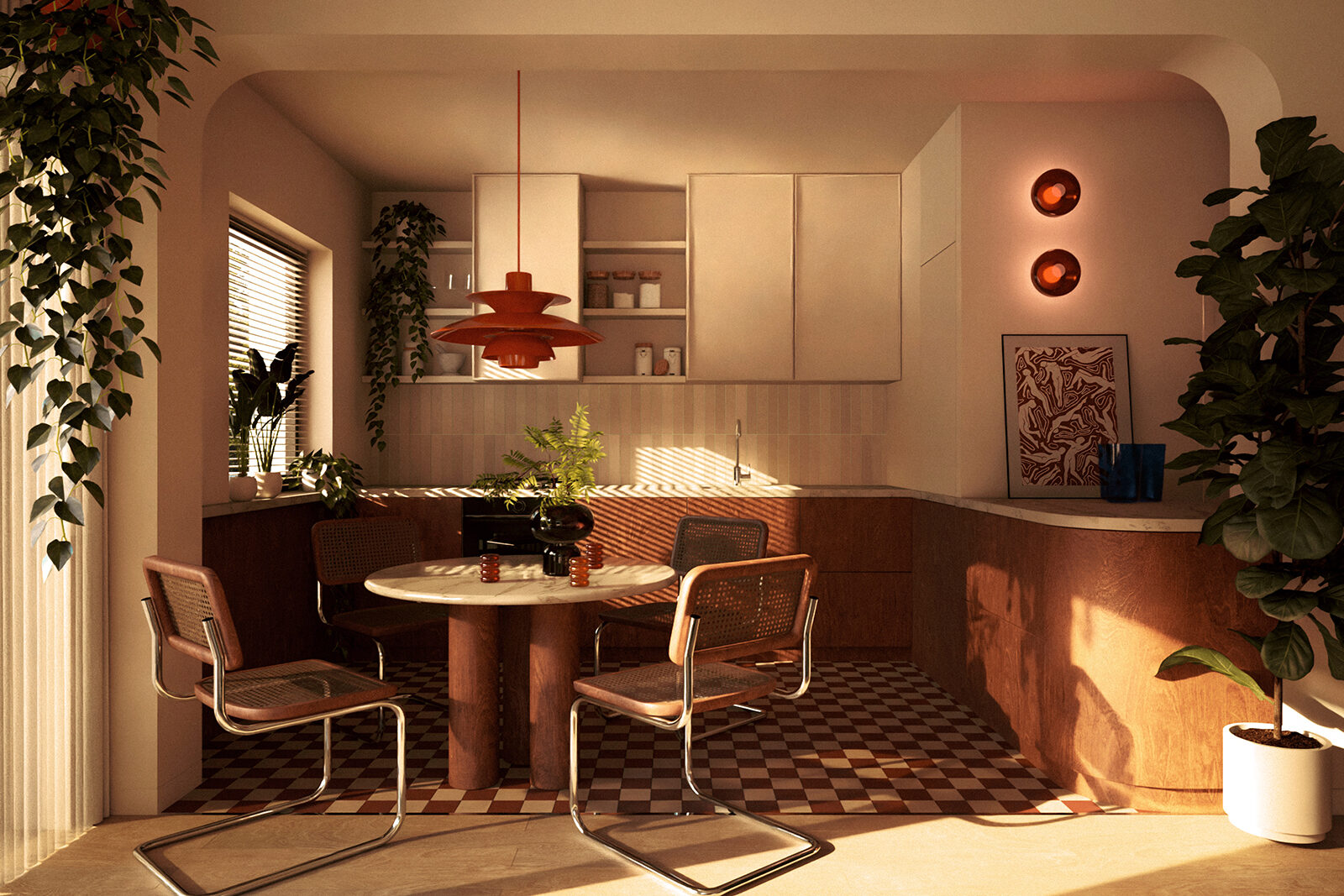 projekt wnetrza mieszkania Wroclaw kuchnia i jadalnia w stylu midcentury modern lata 60