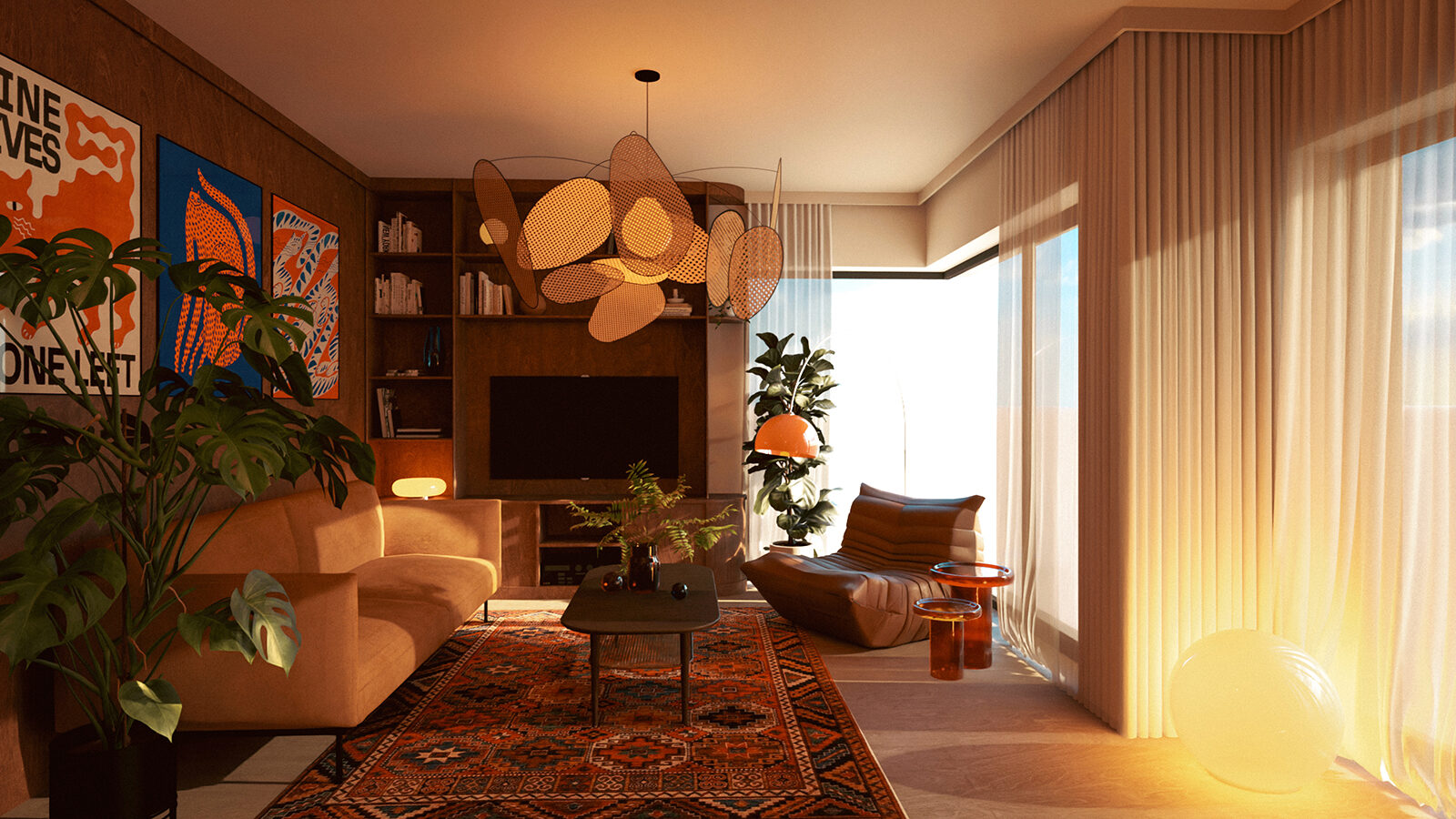 projekt wnetrza mieszkania Wroclaw salon z retro kanapa i lampa w stylu lat 60 midcentury