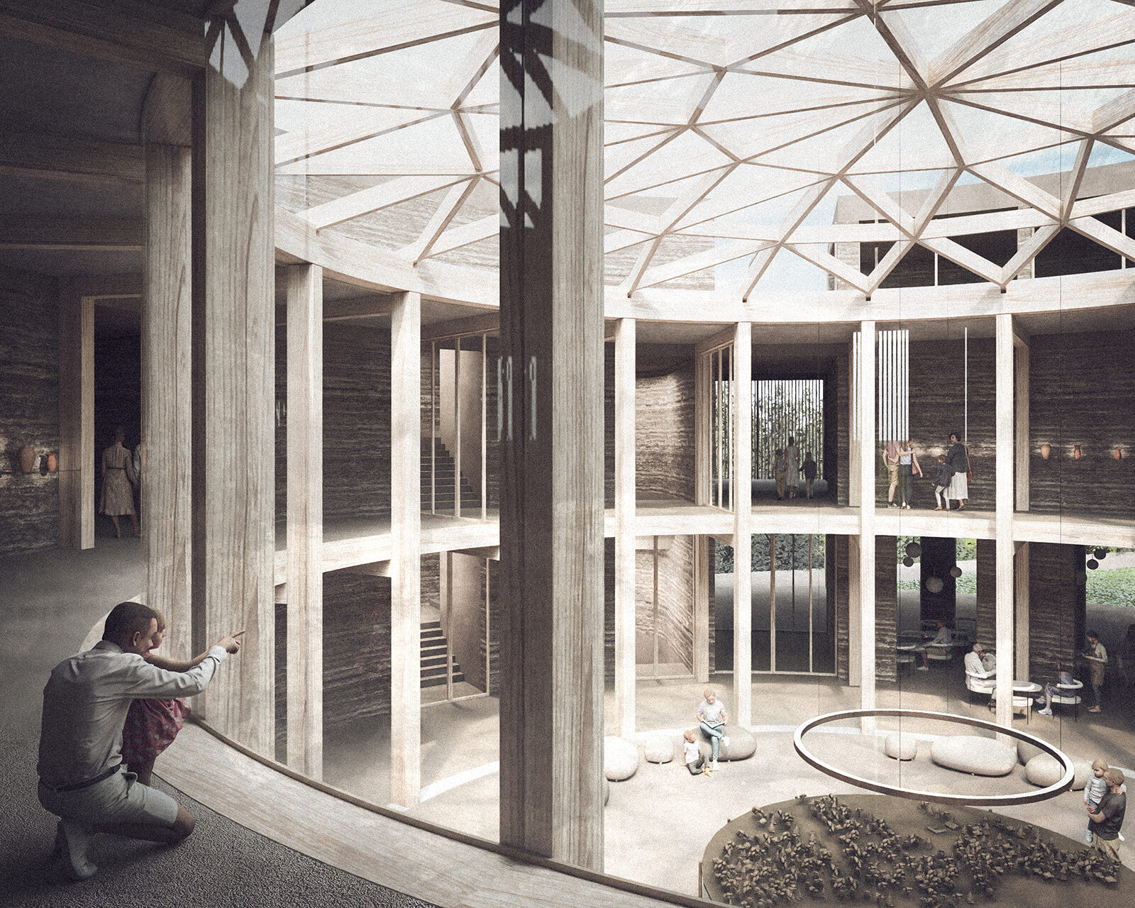 projekt pawilonu ekspozycyjnego Biskupin wizualizacja centralne lobby z makieta rezerwatu